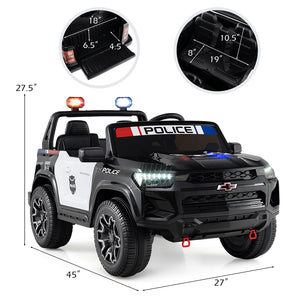 Children's toy police car with dimensions and close-up details on a white background