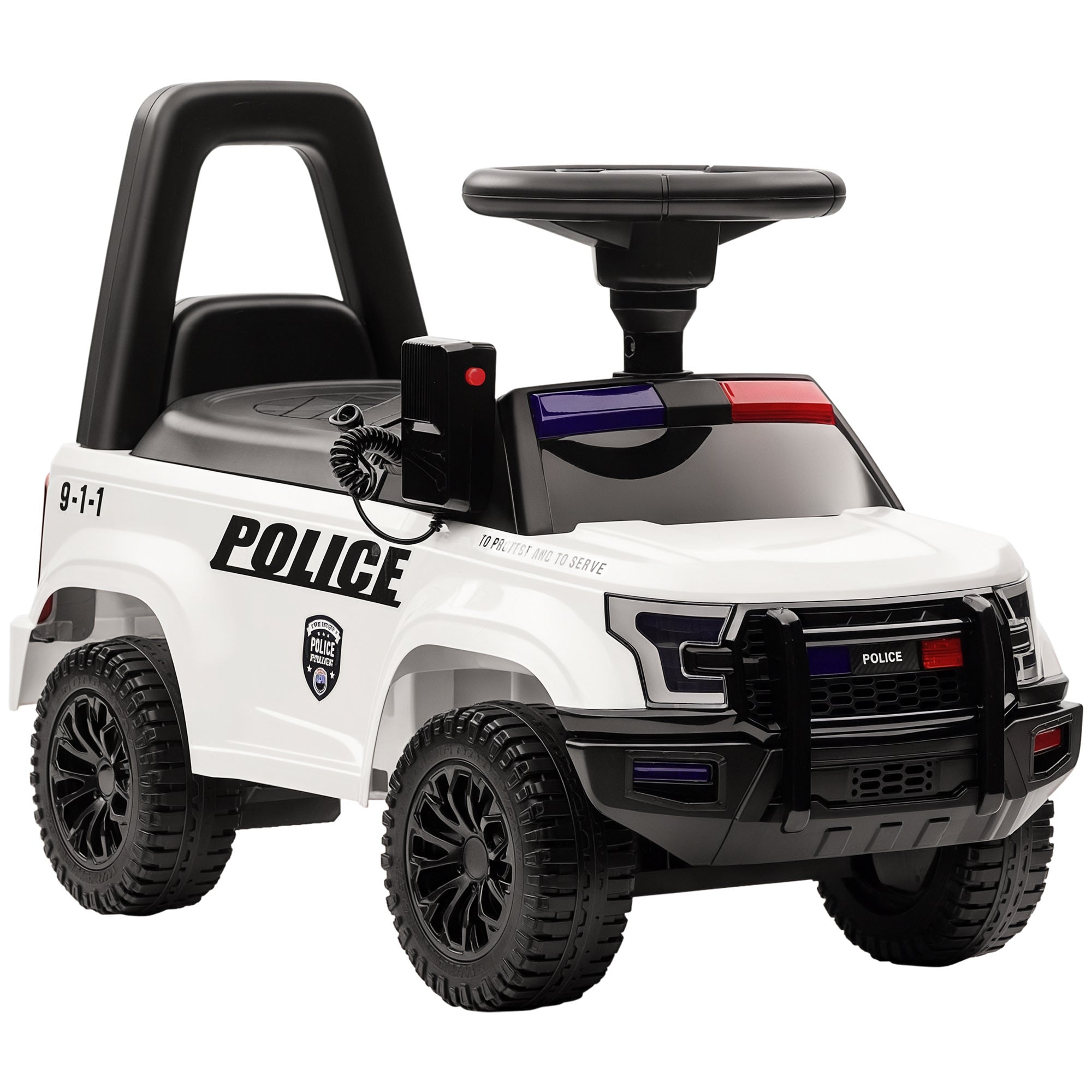 Children's toy police car with black wheels and detailed design on a white background