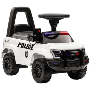 Children's toy police car with black wheels and detailed design on a white background