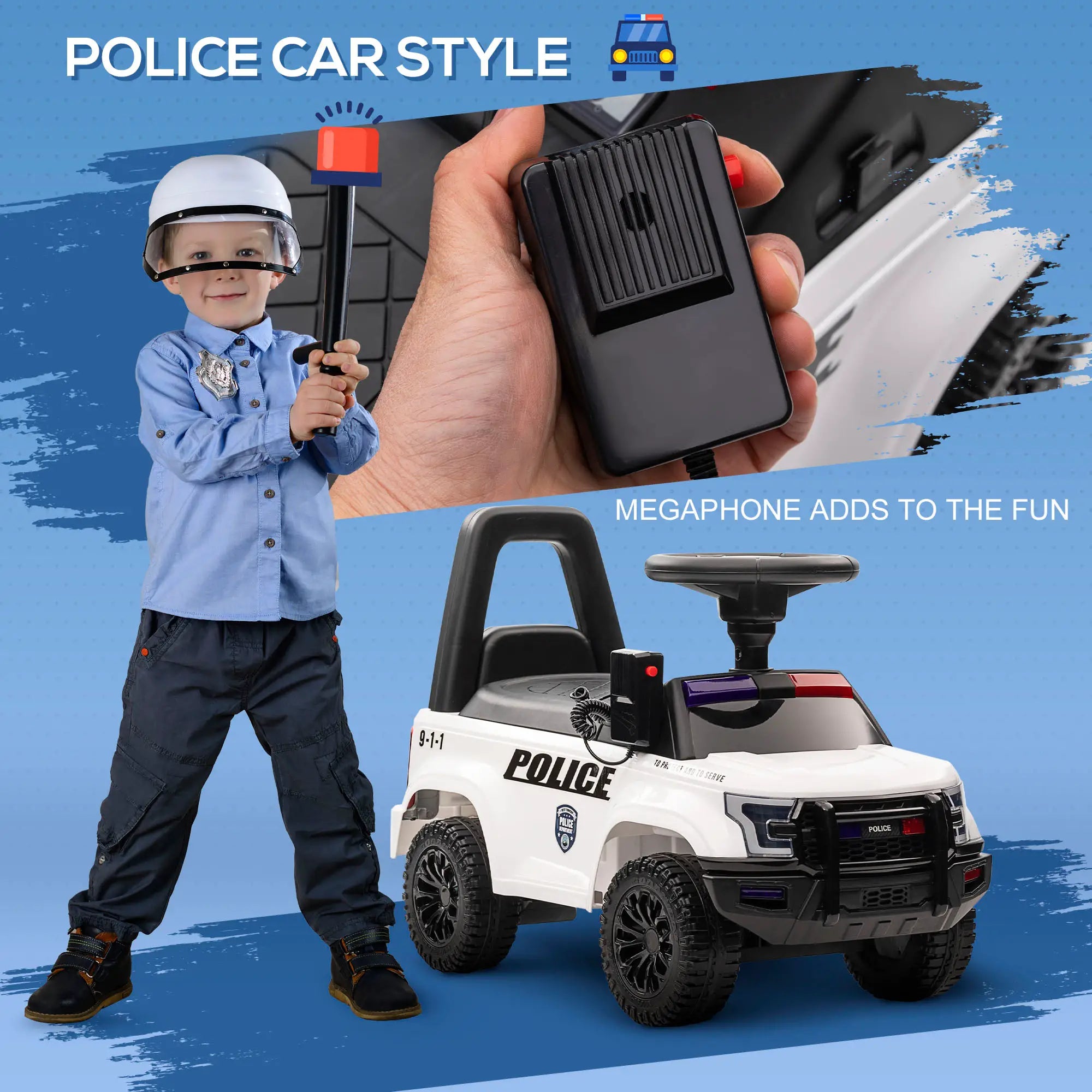 Child in police costume with toy police car and megaphone on blue background
