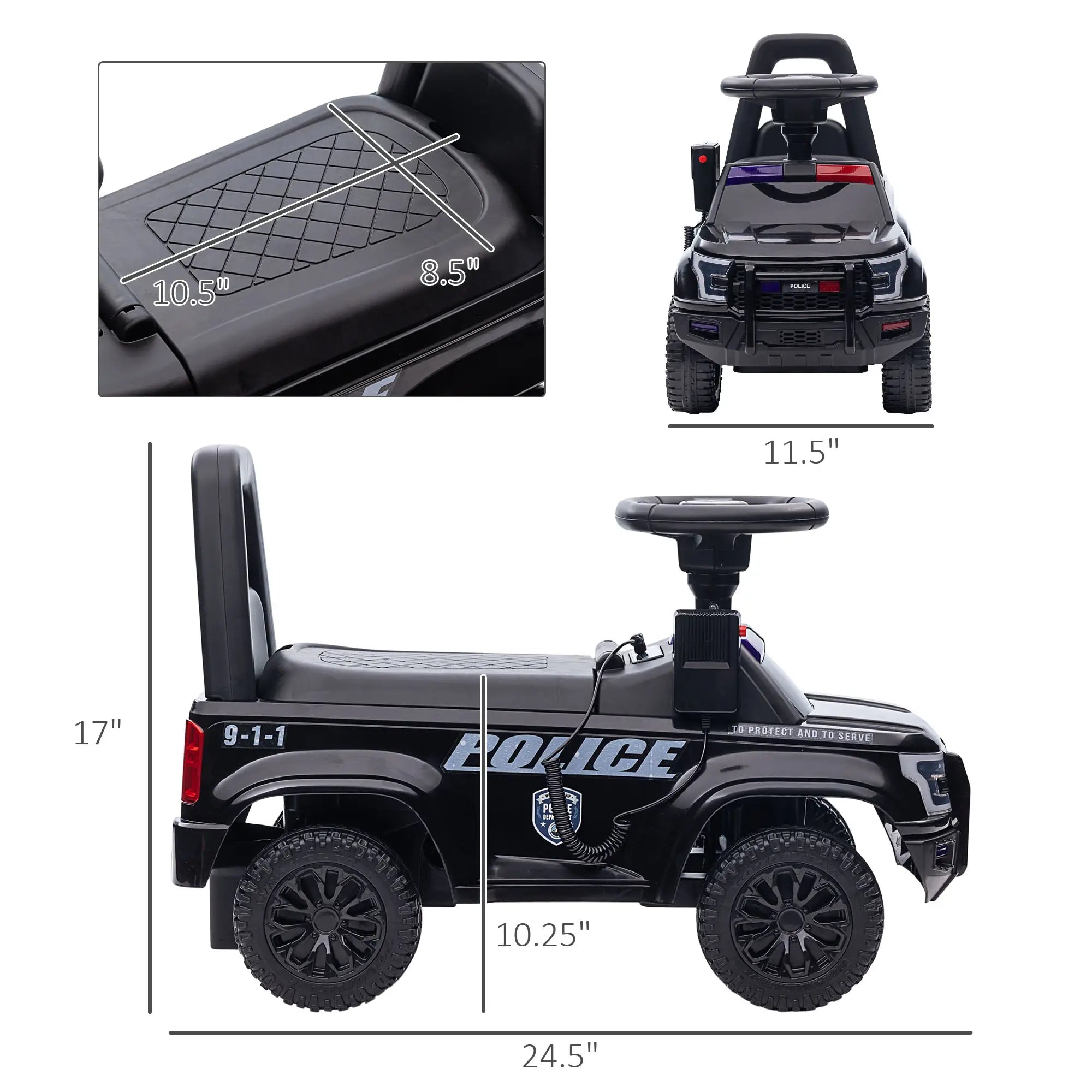 Measurement chart of a toy police car with dimensions labeled.