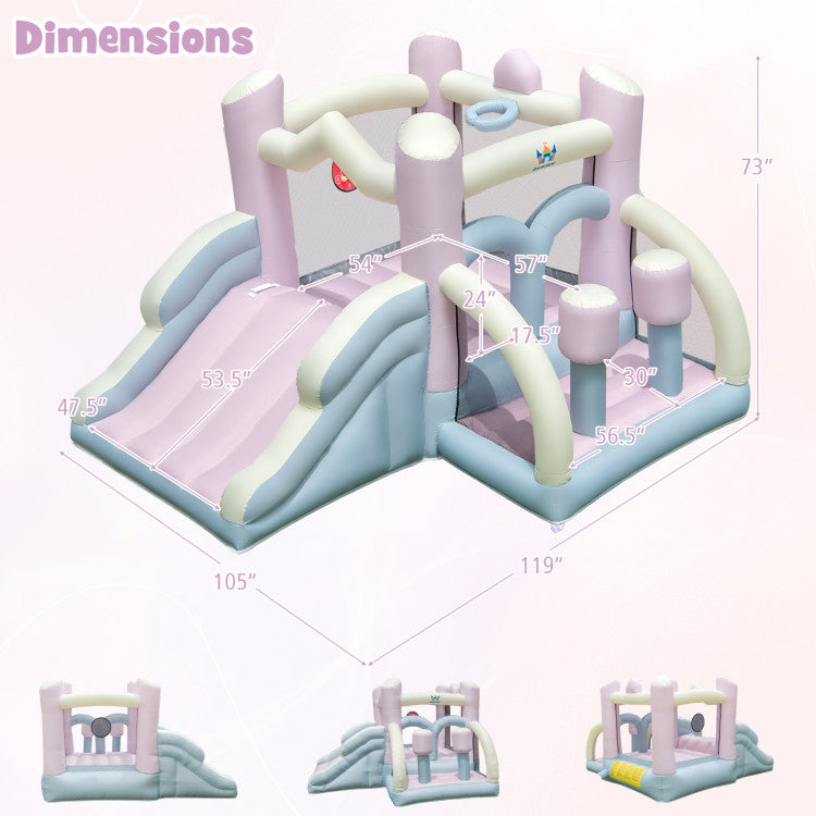 Inflatable playground structure with dimensions labeled on a white background