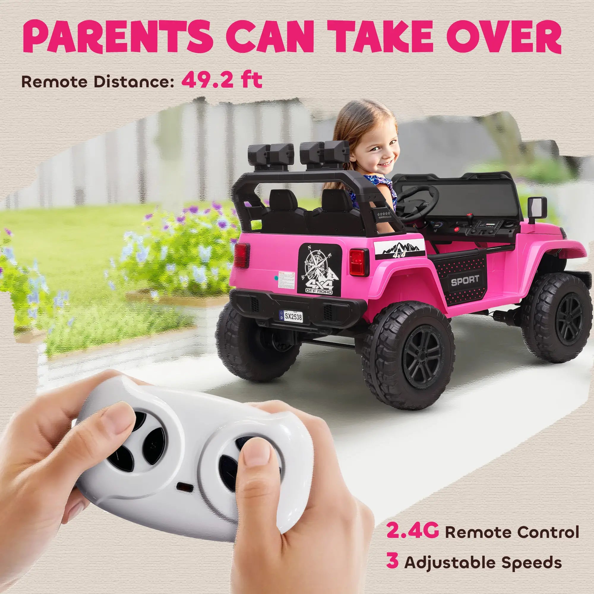 Pink 2-seater ride-on truck for kids vs Power Wheels Hot Wheels Jeep
