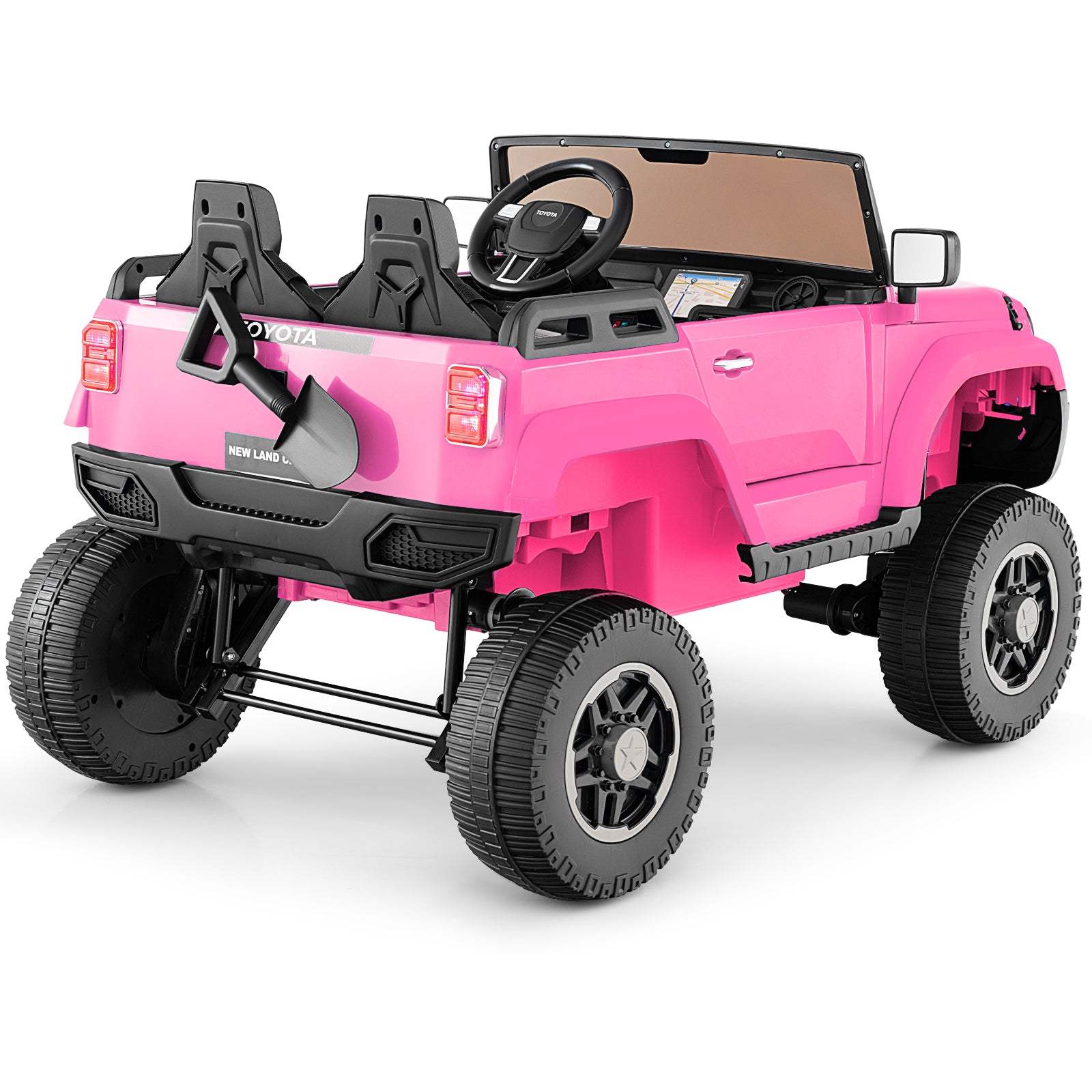 Pink toy truck with black details on a white background
