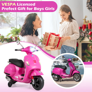 Pink toy scooter with a woman and child exchanging a gift, set against a festive background.