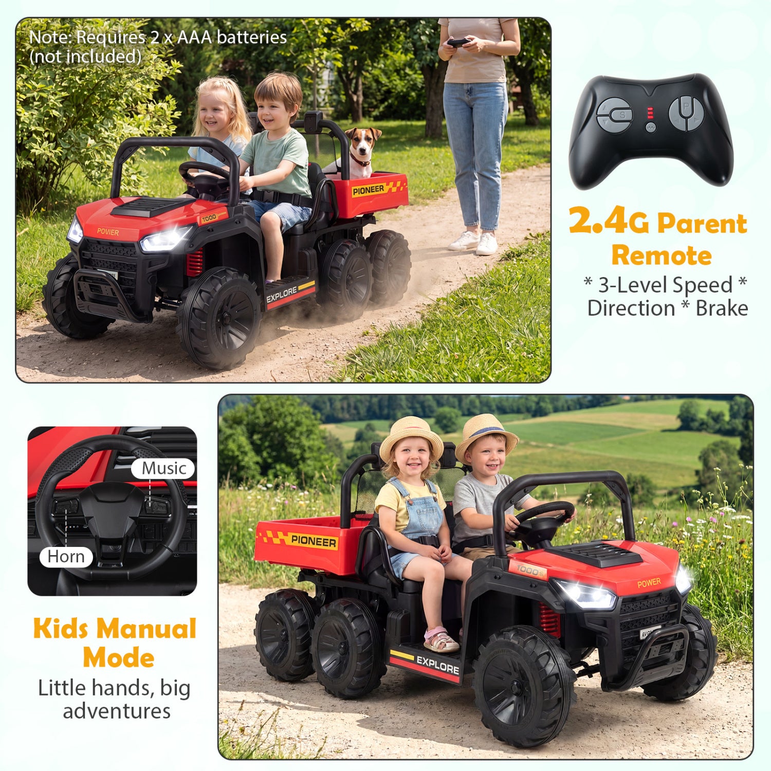 Children riding a red and black toy ATV with a 2.4G parent remote control, surrounded by greenery.