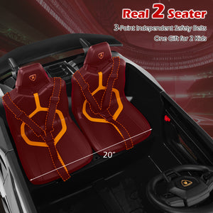 Red car seat covers with orange stitching on a vehicle interior background