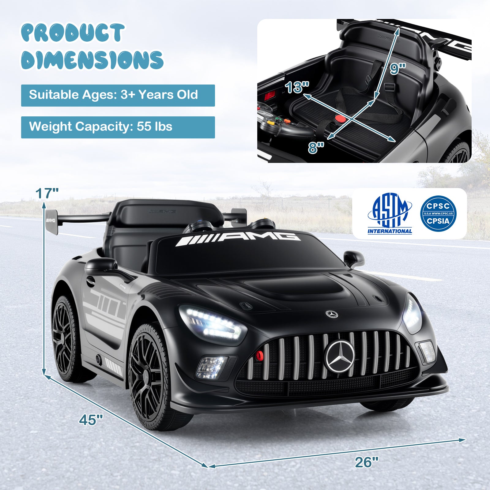 Black toy car with Mercedes-Benz logo, dimensions, and safety certification logos displayed.