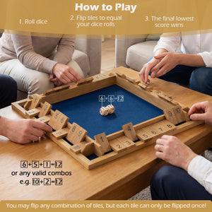 Wooden board game with dice and tiles being manipulated by players, instructions displayed above.