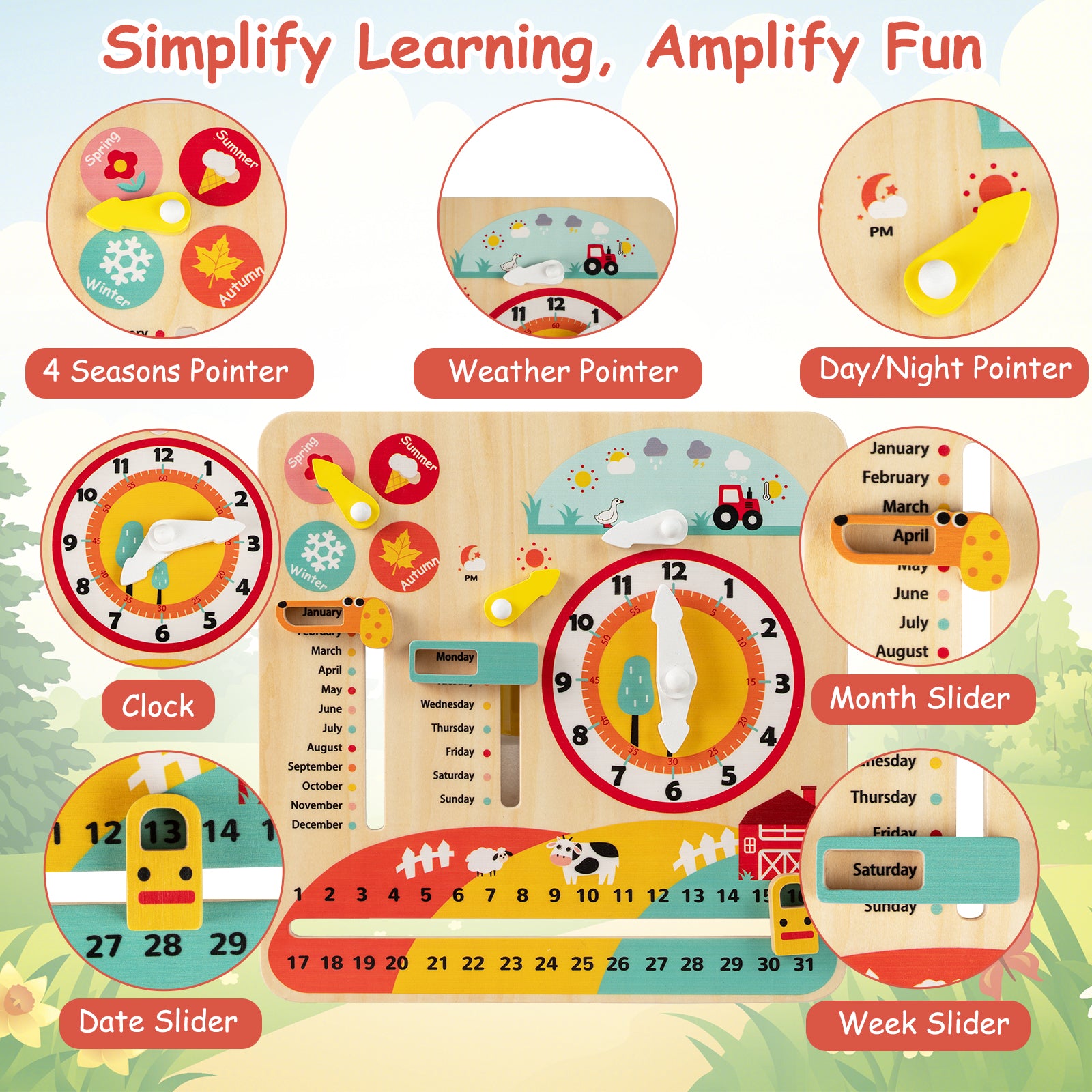 Preschool learning calendar with colorful interactive sliders