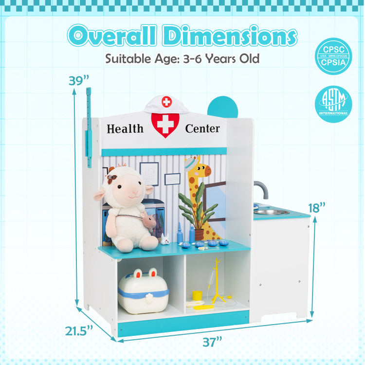 Toy health center with dimensions and safety certifications on a blue background
