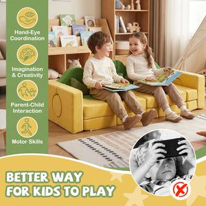 Two children sitting on a yellow couch with books, surrounded by educational icons and text about playing.