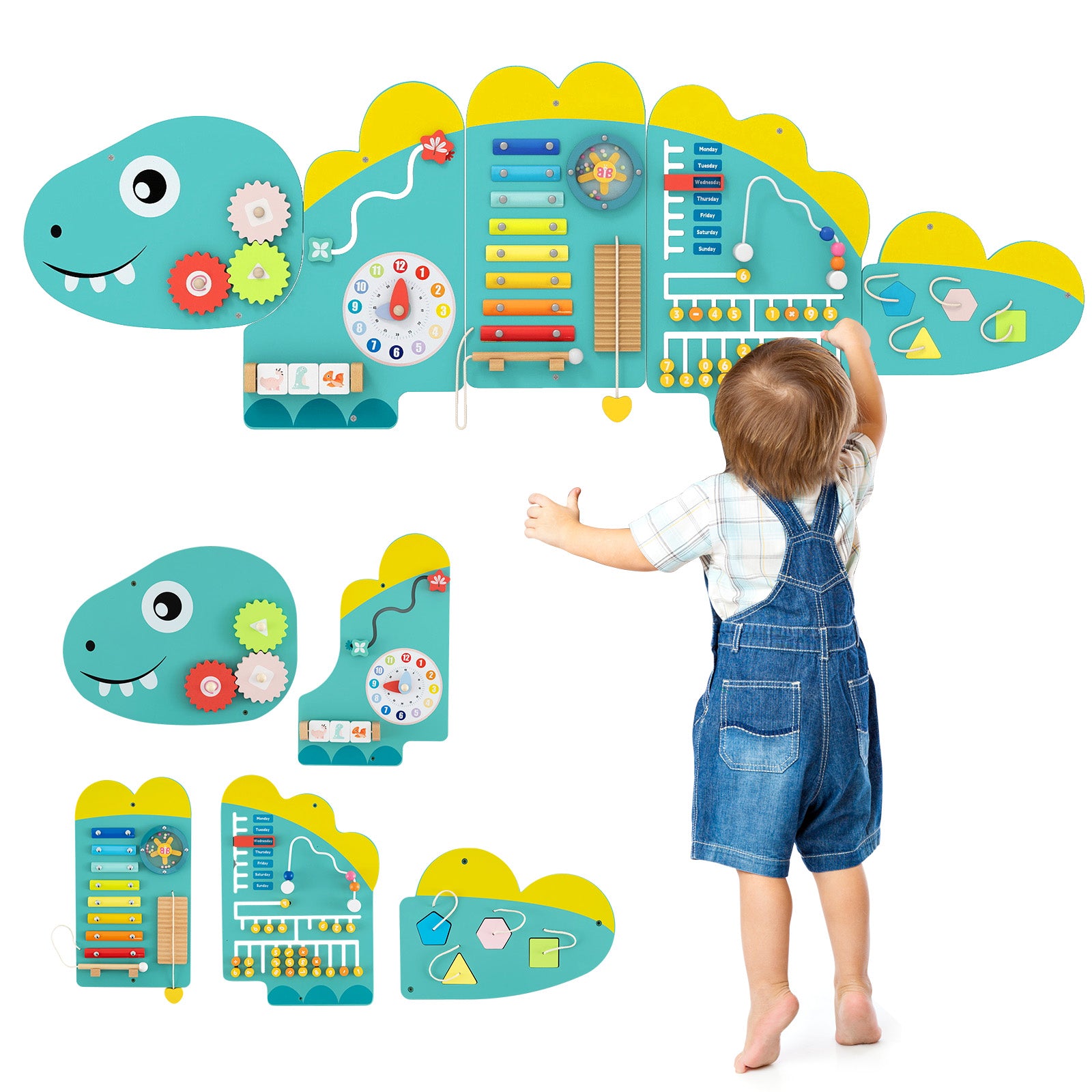Preschool busy board with counting, matching, and motor skill activities