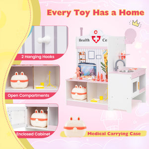 Toy storage solution with shelves and toys on a pink background
