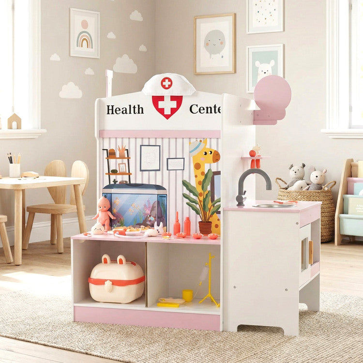 Children's play area with a toy health center set up in a room.