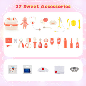 A toy medical playset labeled '27 Sweet Accessories' showing multiple small dollhouse-sized accessories including a stethoscope, syringe, thermometer, bandage, gloves, bottles, a small nurse figure, and other red-and-white medical tools arranged on a pink background.