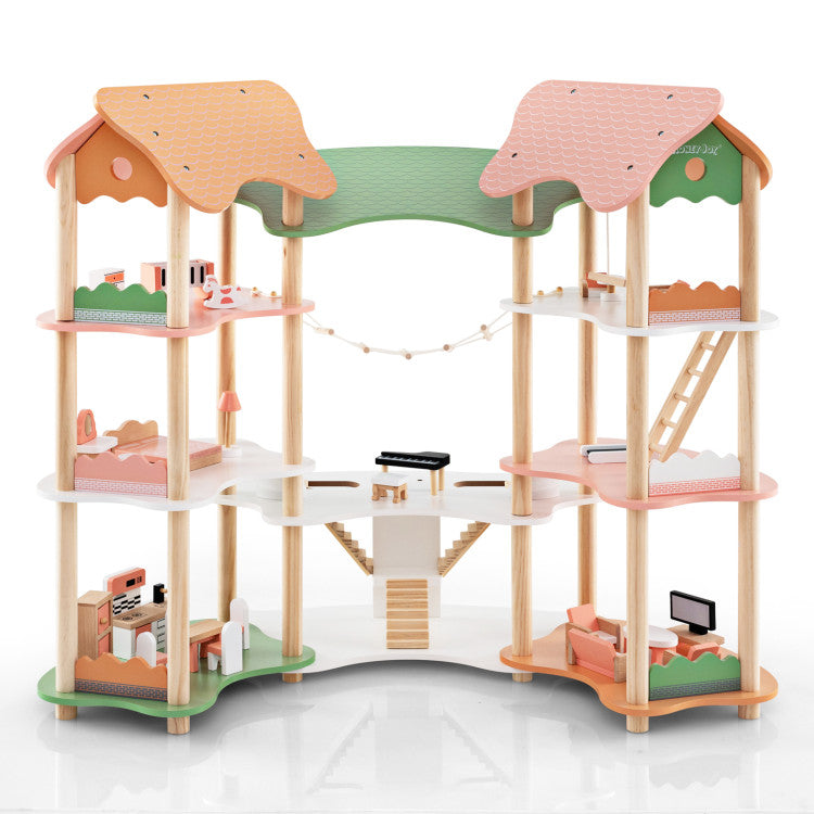 Pretend play dollhouse set with multi-room design