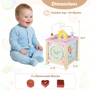 Toddler activity cube featuring a pretend kitchen with rotating knob and opening door