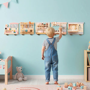 Wall mounted pretend kitchen with stove, hooks and cooking accessories