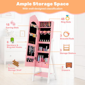 Pink and white freestanding jewelry organizer cabinet shown open, with callout lines and icons labeling features such as 18 earring slots, 6 necklace and bracelet hooks, 48 ring slots, 3 bracelet rods, 3 storage shelves, 1 bottom storage shelf, and 2 drawers. The image includes marketing text at the top and a softly styled room background.