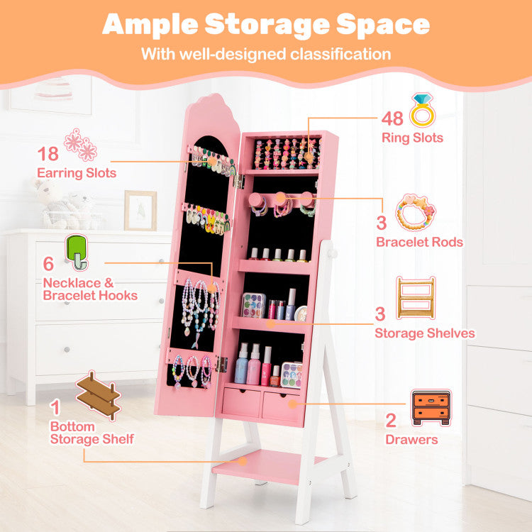 Pink and white freestanding jewelry organizer cabinet shown open, with callout lines and icons labeling features such as 18 earring slots, 6 necklace and bracelet hooks, 48 ring slots, 3 bracelet rods, 3 storage shelves, 1 bottom storage shelf, and 2 drawers. The image includes marketing text at the top and a softly styled room background.