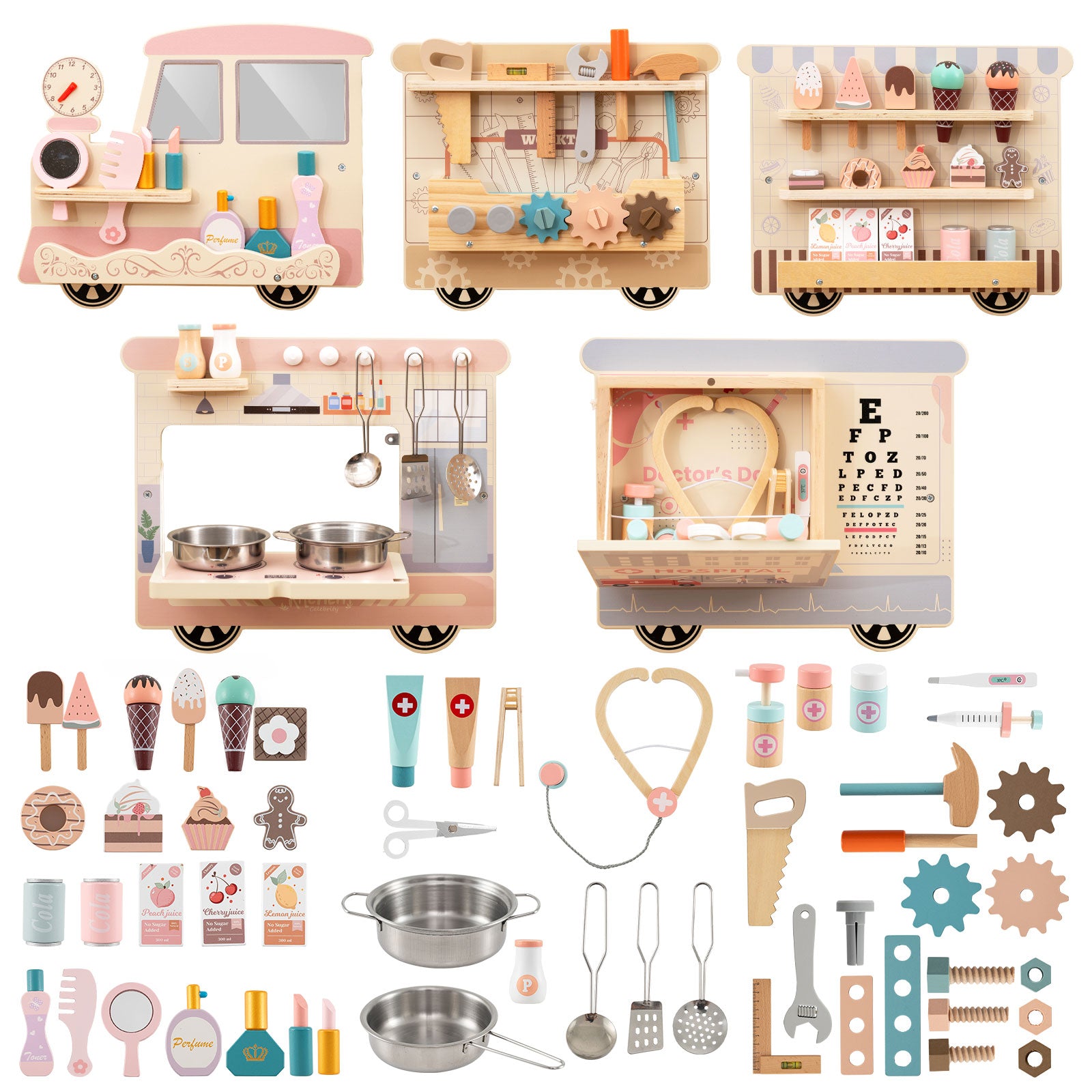 Wooden tool box activity panel with pretend construction tools for children