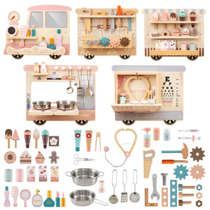 Wooden tool box activity panel with pretend construction tools for children