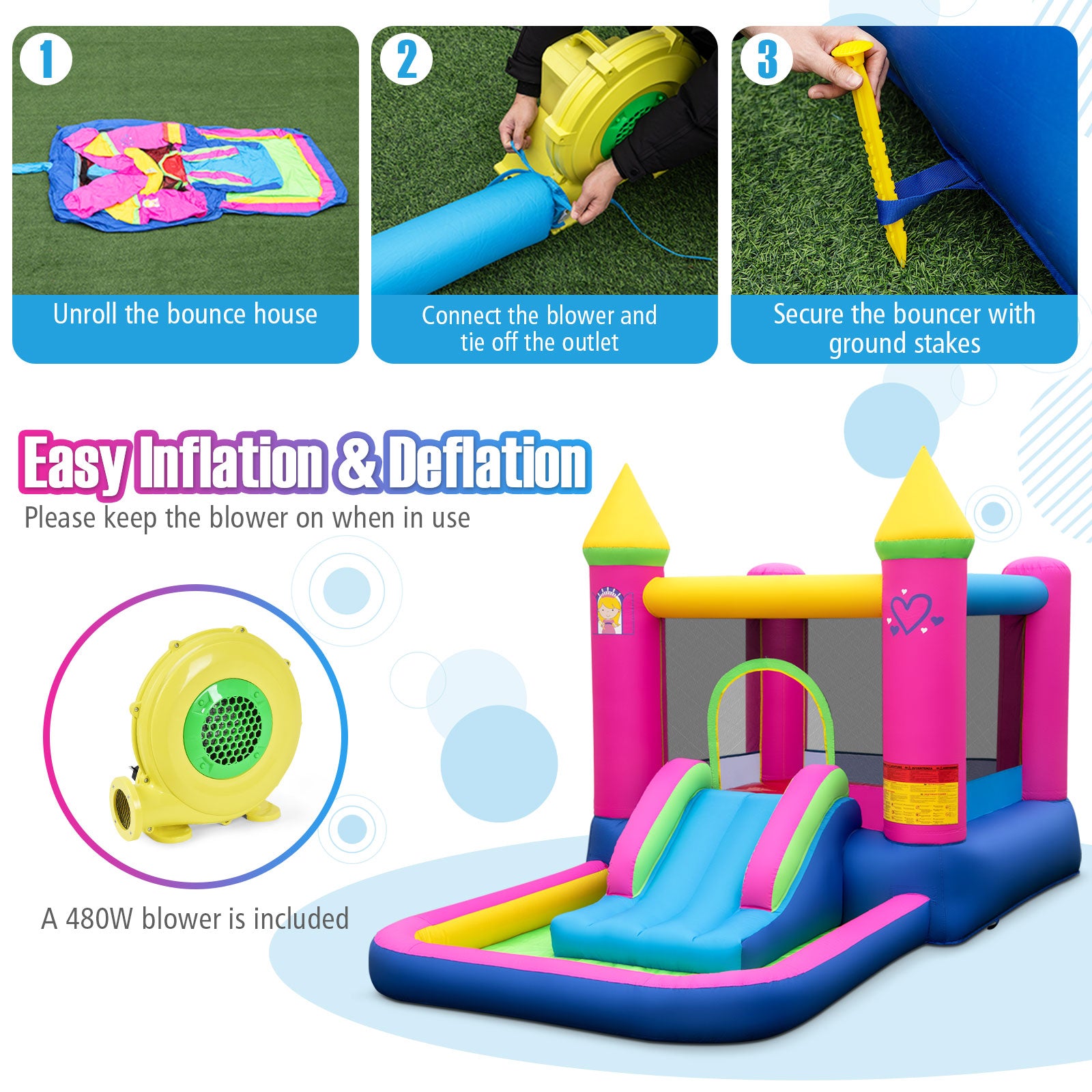 Step-by-step guide on how to inflate a colorful inflatable bounce house with a blower.