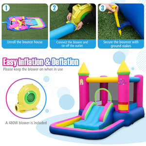 Step-by-step guide on how to inflate a colorful inflatable bounce house with a blower.