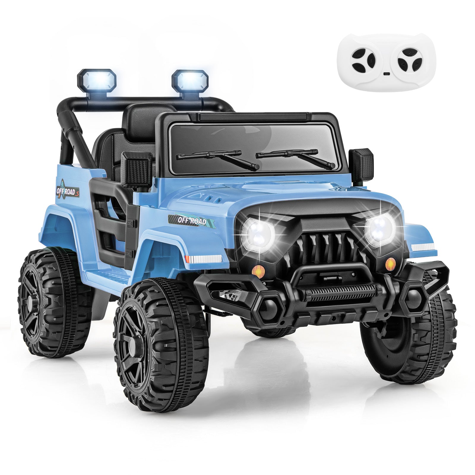 Blue toy off-road vehicle with lights and a remote control on a white background