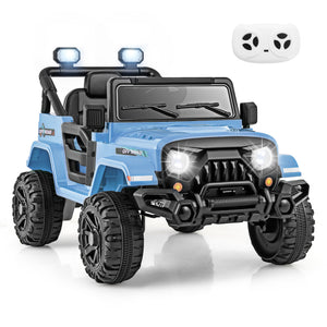 Blue toy off-road vehicle with lights and a remote control on a white background