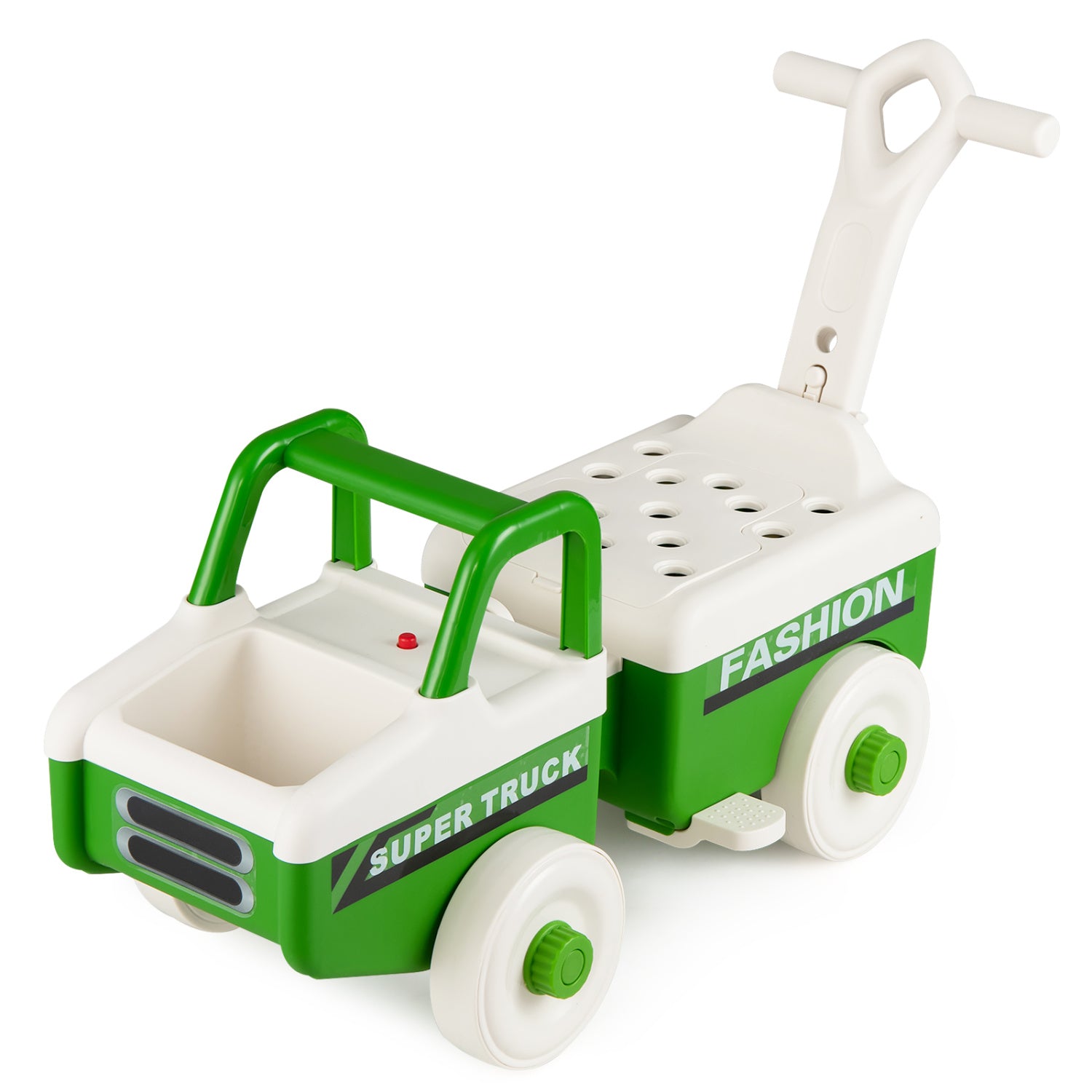 Green and white toy truck with fashion theme on a white background