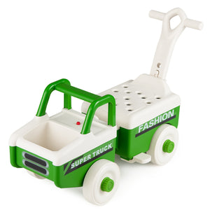 Green and white toy truck with fashion theme on a white background