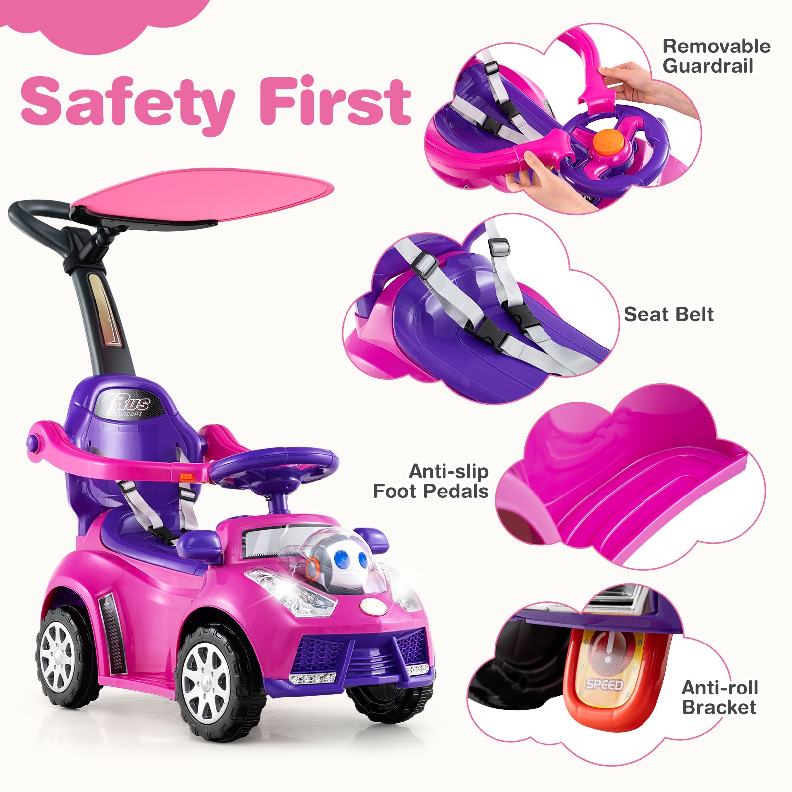 Pink and purple toy car with safety features highlighted on a white background