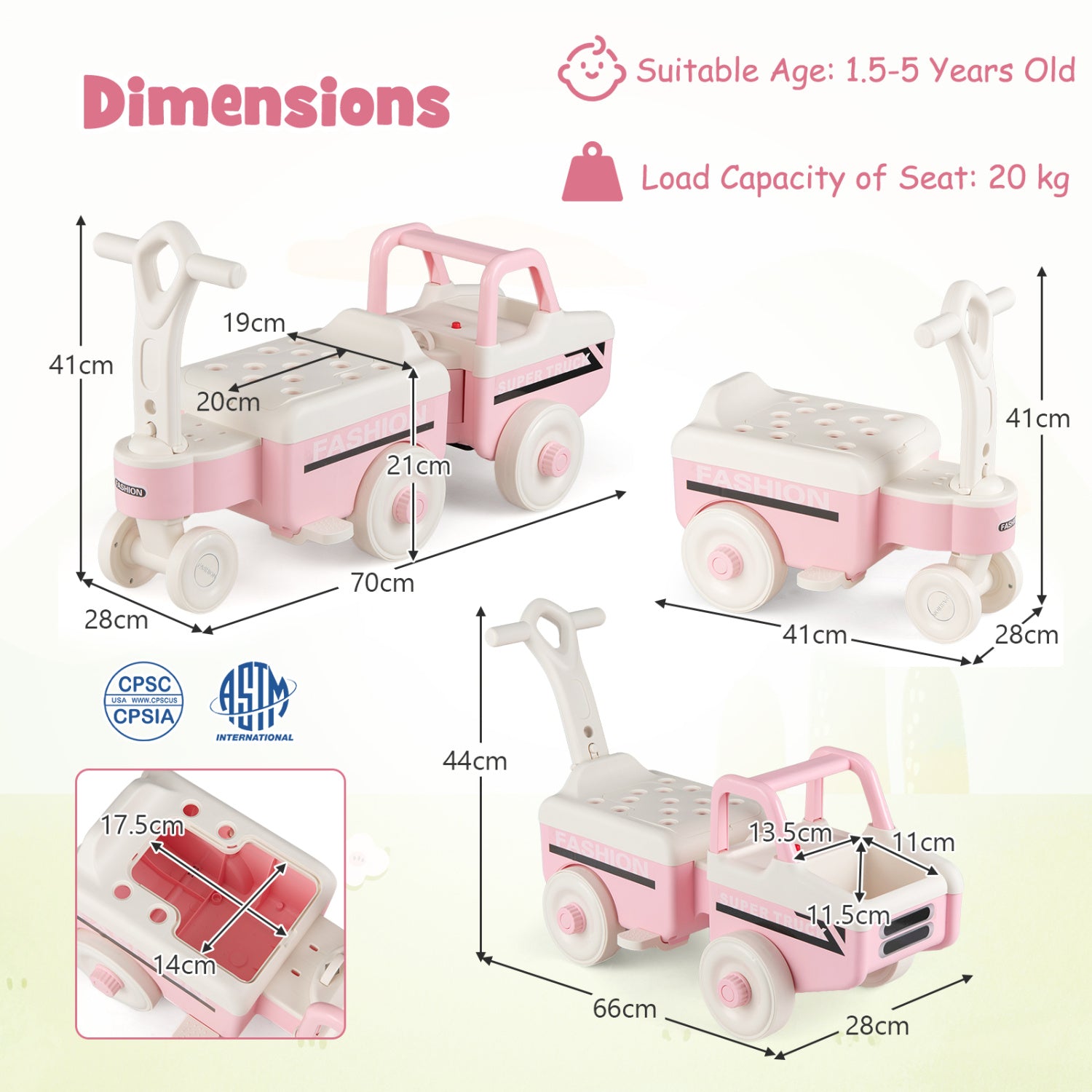 Dimensions of a pink toy car with pull bar and seat, suitable for ages 1.5-5 years old.