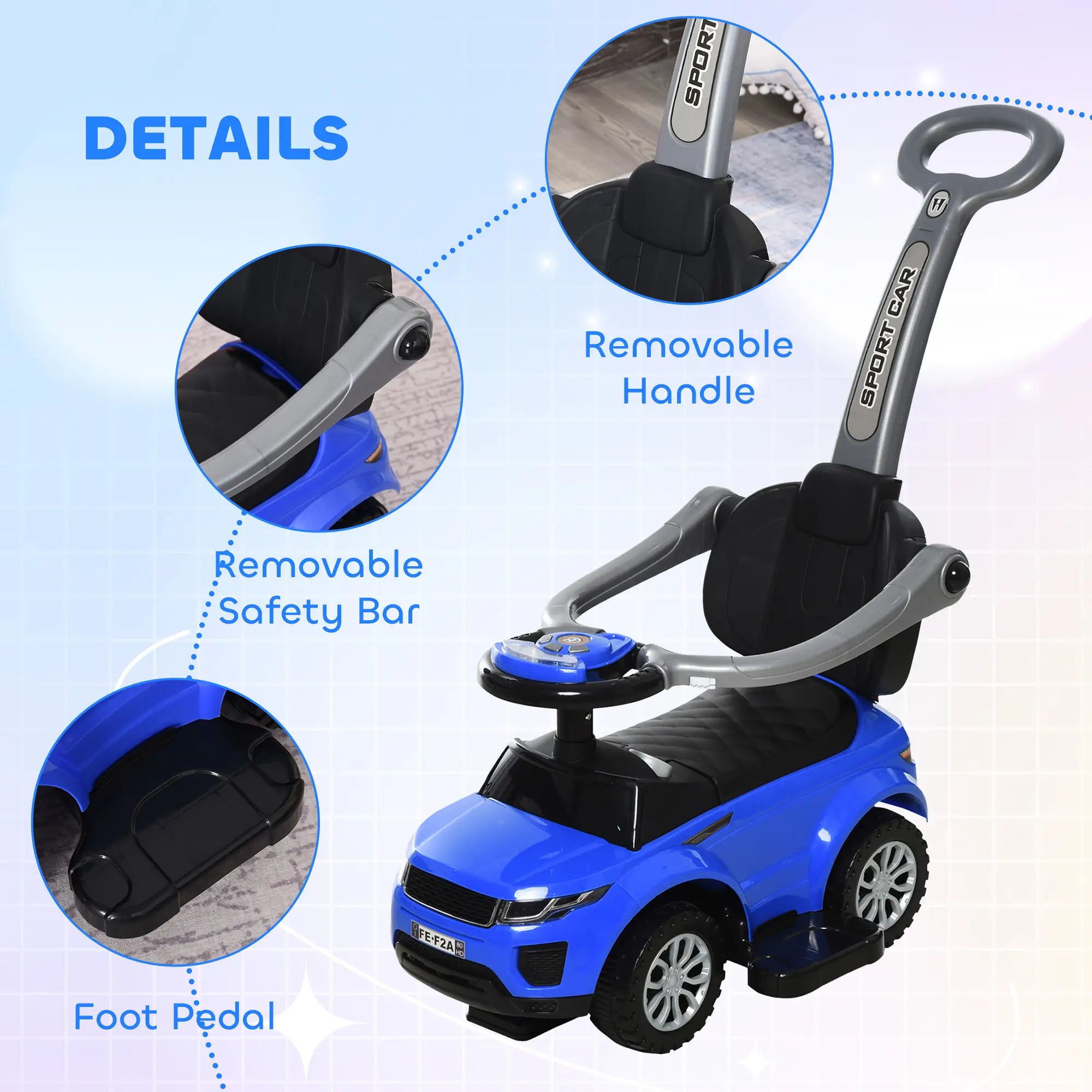 Blue toy car with removable handle, safety bar, and foot pedal on a light blue background.