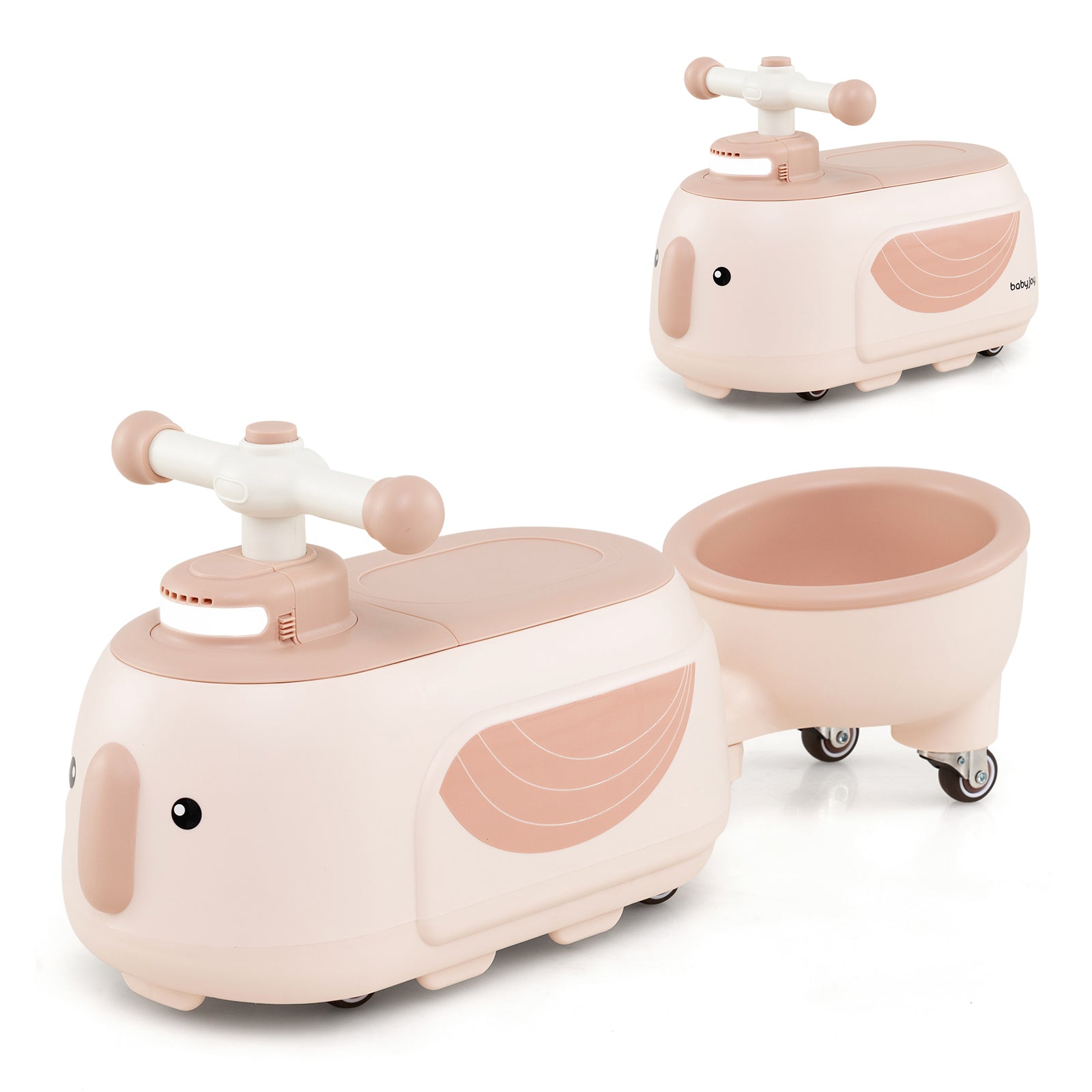 Two pink and white toy vehicles with whale design on a white background