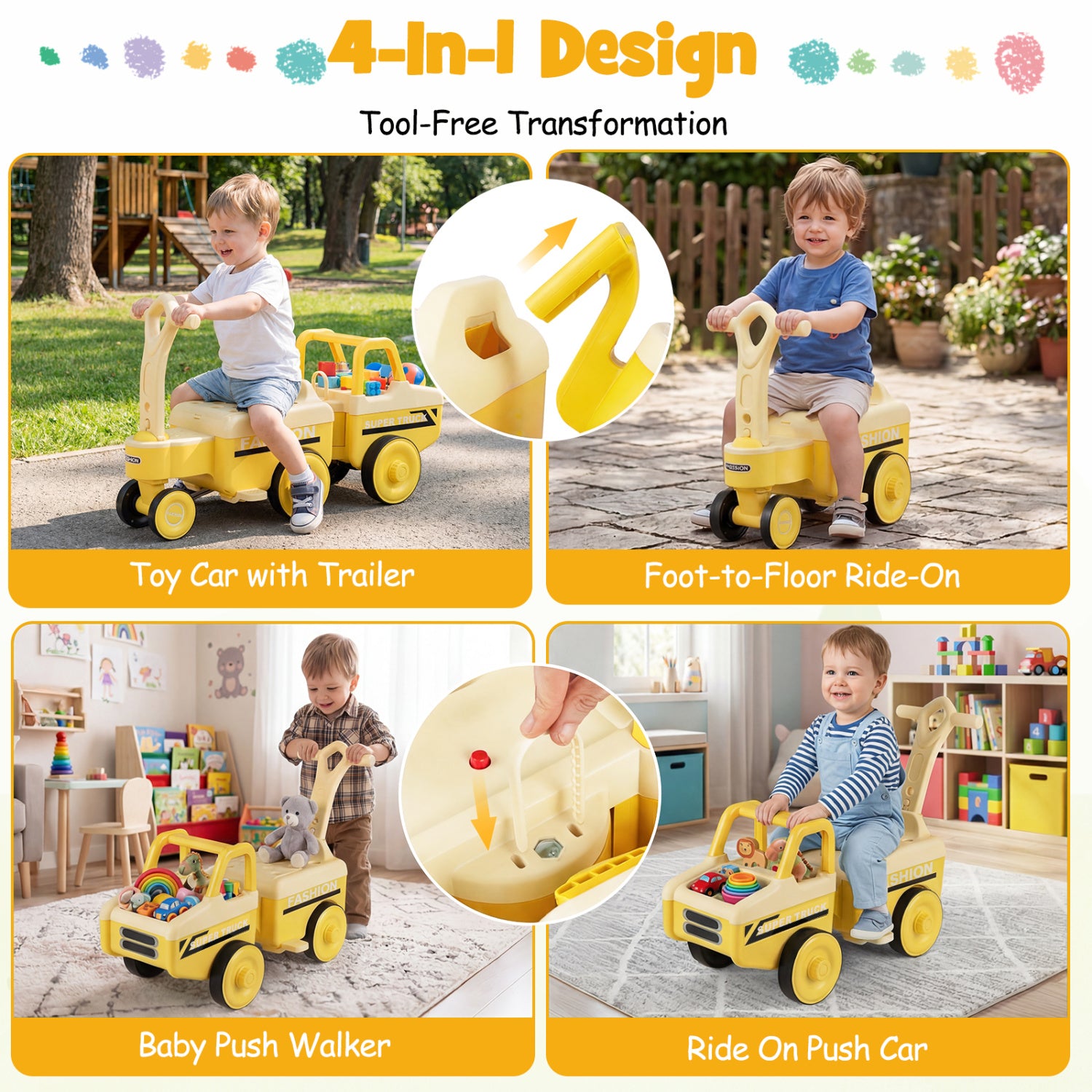 Multifunctional toy vehicle with various modes of play in different settings.