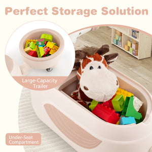 Toy organizer with large-capacity trailer and under-seat compartment filled with toys.