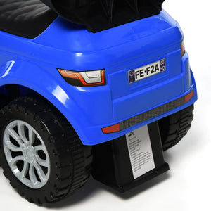 Close-up of a blue toy car with visible branding and model number on a white background