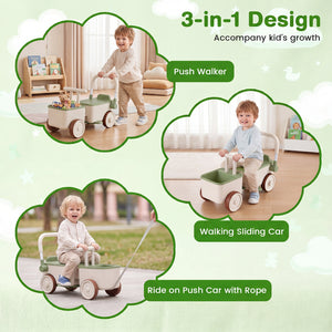 Three images of a child using a 3-in-1 push walker, walking sliding car, and ride-on push car with rope on a light green background.