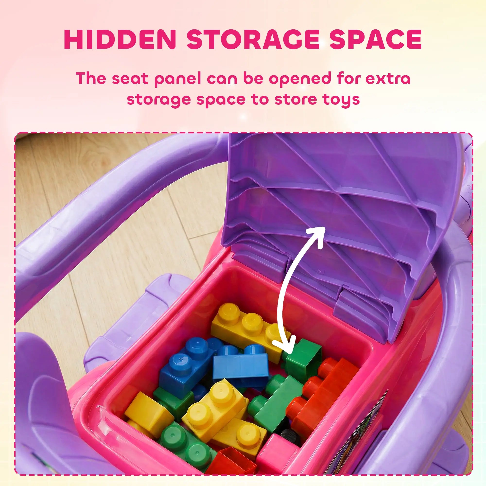 Toy with a hidden storage space for colorful building blocks on a pink background
