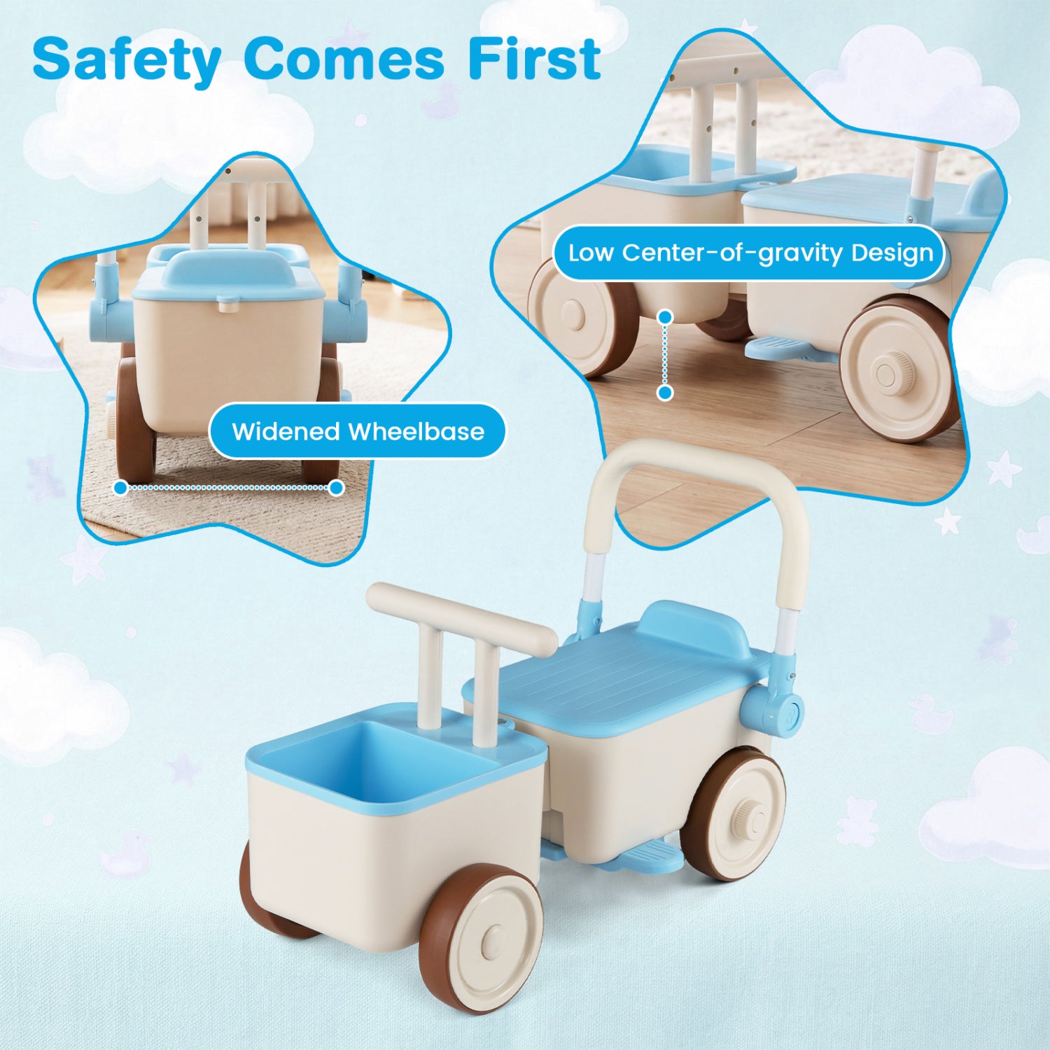 Children's toy cart with safety features highlighted on a light blue background