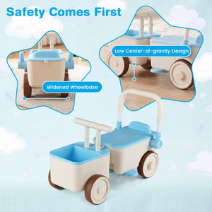 Children's toy cart with safety features highlighted on a light blue background