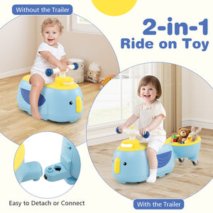 2-in-1 ride-on toy for children with and without a trailer, featuring a baby and a toddler using it.
