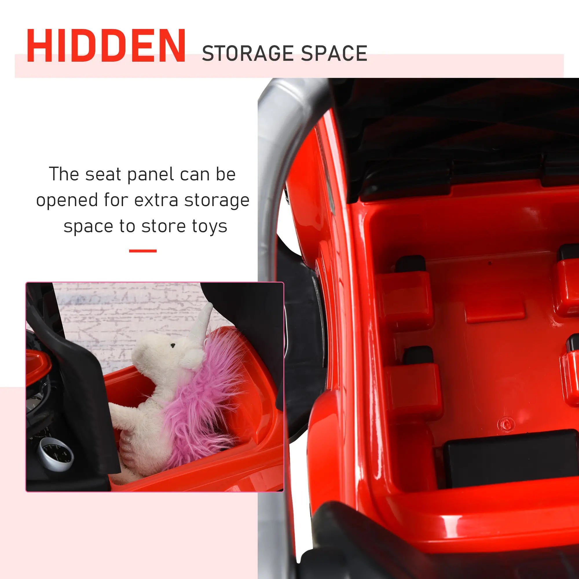 Hidden storage space in a red vehicle seat panel with toys inside.
