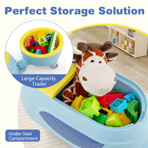 Toy storage solution with large-capacity trailer and under-seat compartment, featuring a plush toy and building blocks.