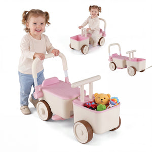 Child playing with a pink and beige toy stroller on a white background