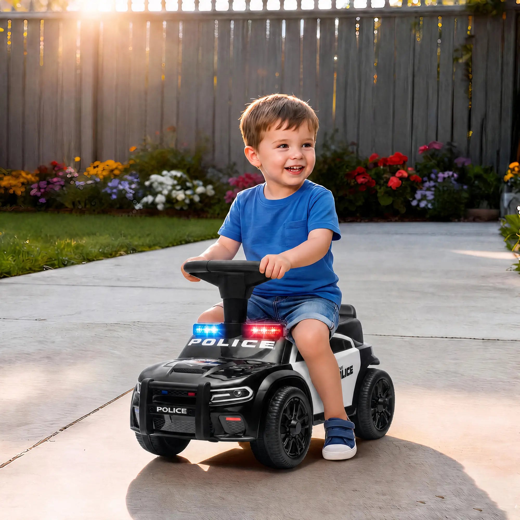 A young boy wearing a blue t-shirt and denim shorts rides a black and white police-themed toy car with flashing red and blue lights in a backyard setting.