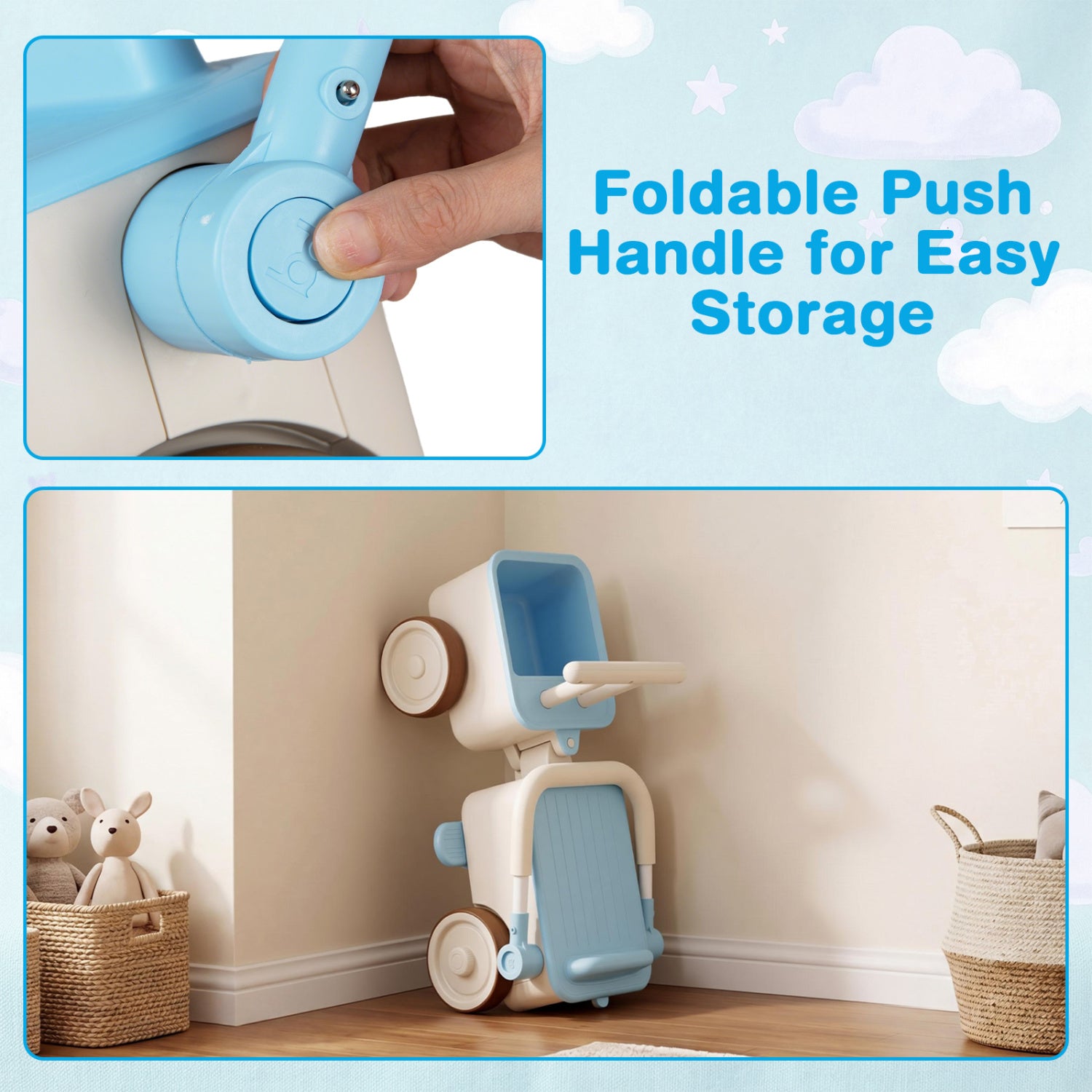 Foldable push handle for easy storage with a toy scooter in a room setting.
